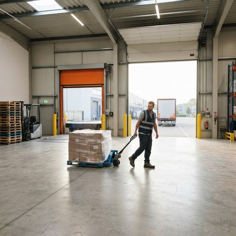 Warehouse worker moving a pallet with a blue pallet jack
