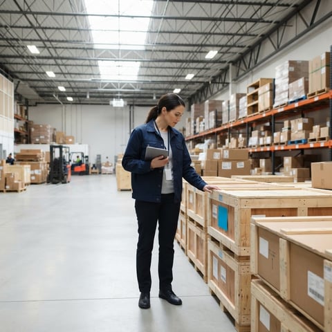 Logistics manager checking freight in a clean warehouse