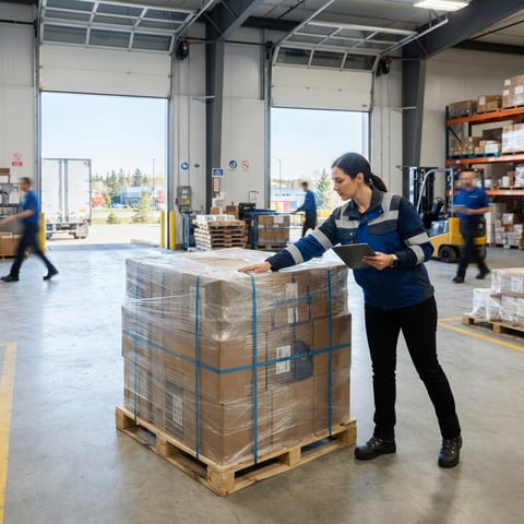 Logistics manager inspects a prepared pallet in a warehouse