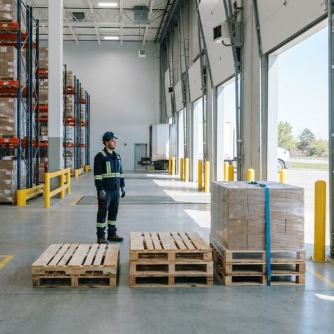 Warehouse worker preparing different sized pallet shipments