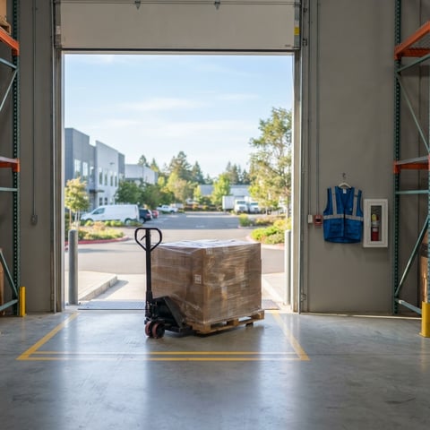 A prepared pallet on a warehouse loading dock