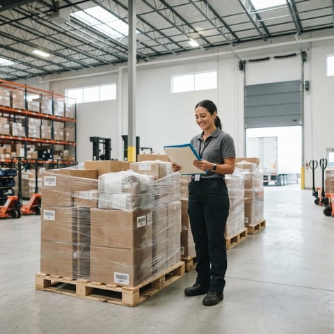 Logistics coordinator holding a folder in an Ontario warehouse