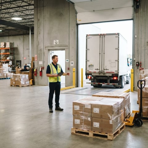 Logistics manager at warehouse loading dock with truck arriving