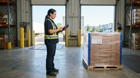 Logistics worker prepping a pallet for shipment in a warehouse