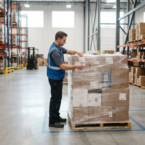 Warehouse worker labeling a pallet for cross border shipping