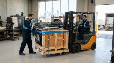Worker positioning crated industrial machinery on a pallet for shipping