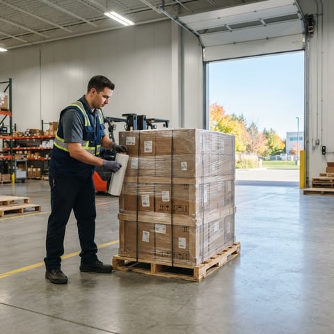 Warehouse worker wrapping a pallet for secure shipment