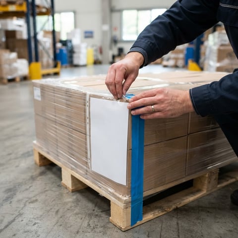 Warehouse worker applying shipping documentation to a pallet