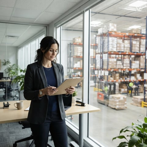 Logistics coordinator reviewing shipping documents in a modern office