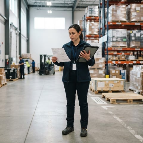 Logistics manager reviewing shipment documents in a warehouse
