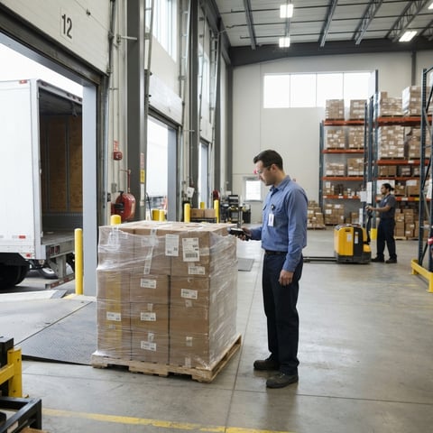 Warehouse worker inspecting a pallet on a loading dock