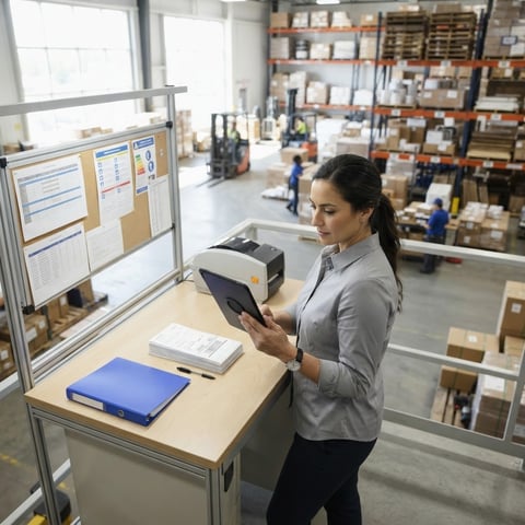 Logistics manager using a tablet to coordinate freight in a warehouse
