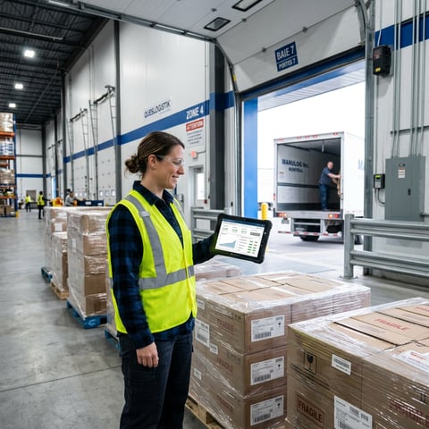 Warehouse coordinator reviewing shipment dashboard at loading dock