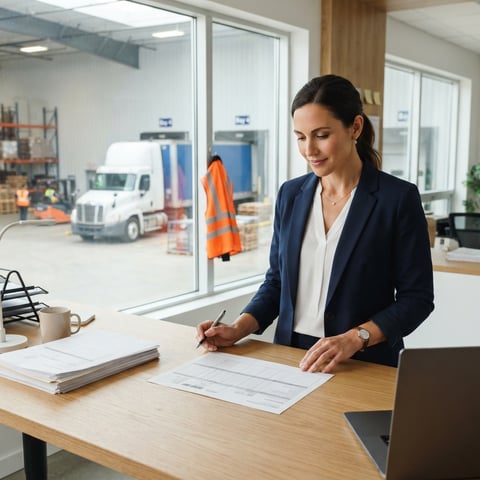 Logistics manager reviewing shipping documents in a bright warehouse