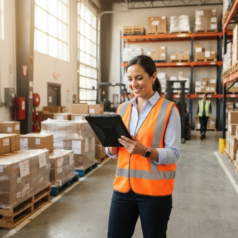 Logistics coordinator managing shipments in a clean warehouse