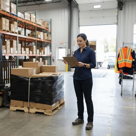 Logistics coordinator reviewing paperwork in a warehouse