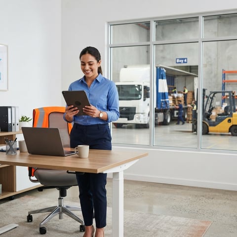 Logistics coordinator managing shipping in a modern warehouse office