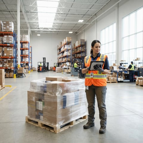 Warehouse worker preparing a pallet for cross border shipping
