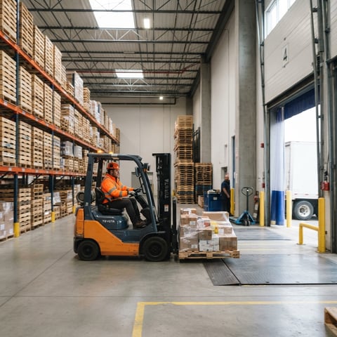 Forklift operator moving pallet in a clean warehouse