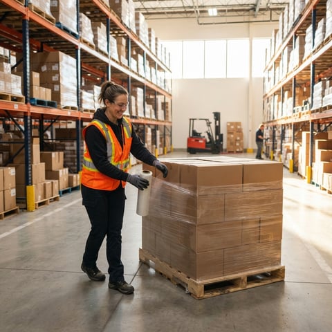 Warehouse worker preparing a pallet for shipment