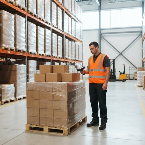 Warehouse worker managing staged freight pallets