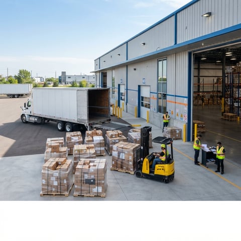 Transport truck at warehouse loading dock with palletized freight