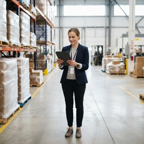 Logistics manager reviewing shipping status on a tablet in a warehouse