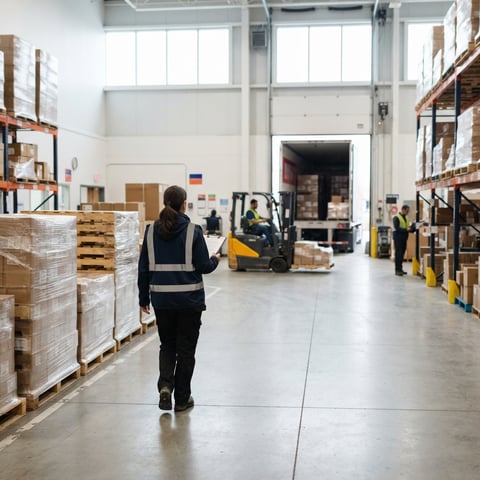 Logistics manager walking through an organized warehouse