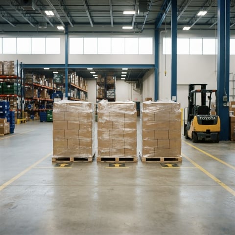 Clean warehouse loading area with wrapped shipping pallets