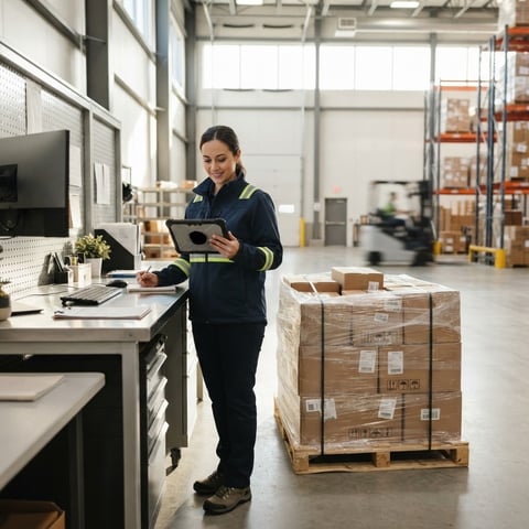 Logistics coordinator managing shipment in an organized clean warehouse