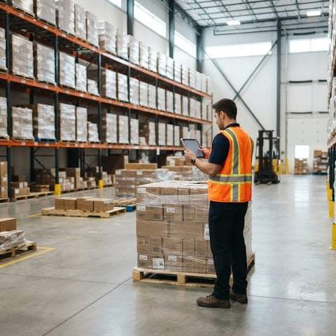 Logistics coordinator managing warehouse inventory with a tablet