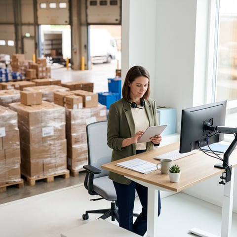 Logistics coordinator reviewing shipment data on tablet