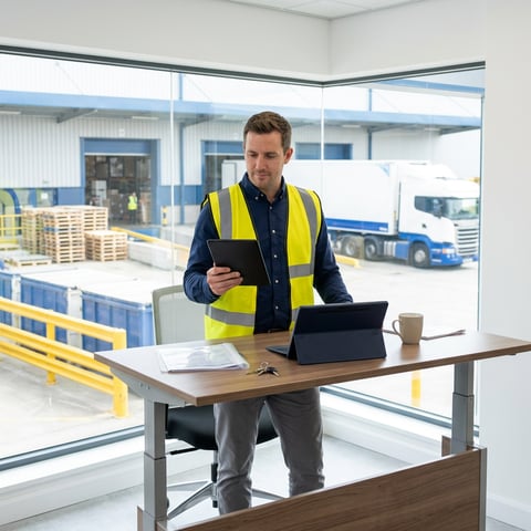 Logistics manager reviewing shipments at warehouse office desk