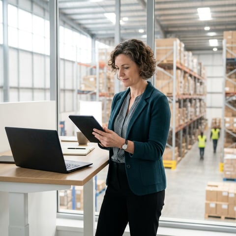 Logistics manager reviewing live shipment tracking on tablet