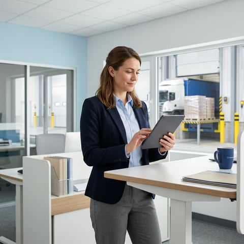 Logistics coordinator reviewing instant freight quotes at warehouse office desk