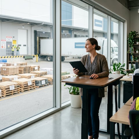 Logistics manager reviewing shipment on tablet at warehouse dock