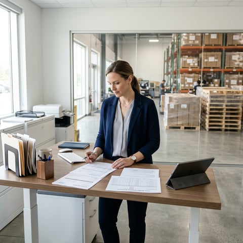 Logistics coordinator reviewing cross-border shipping documents