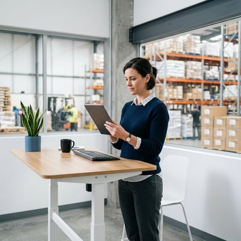 Logistics manager reviewing shipment data on tablet