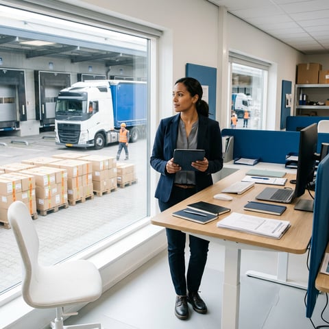 Logistics manager reviewing shipments at warehouse office desk