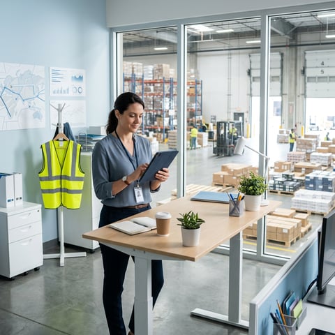 Logistics coordinator reviewing shipment data with confidence