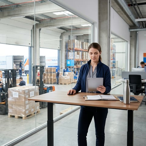 Logistics coordinator reviewing shipping analytics on tablet