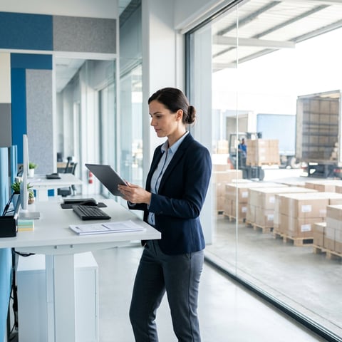 Logistics manager reviewing shipment data on tablet at warehouse office
