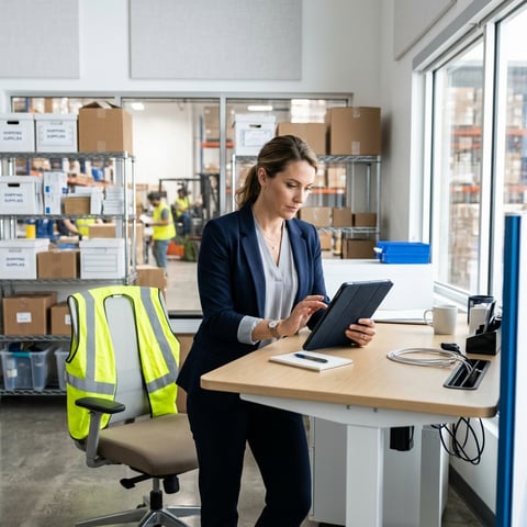 Logistics manager reviewing freight invoices on tablet