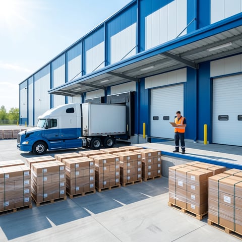 Freight truck being loaded with pallets of boxed goods at a warehouse loading dock, with a worker in a high-visibility vest reviewing a clipboard.