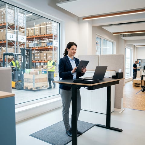 Logistics manager reviewing shipments on tablet in organized warehouse