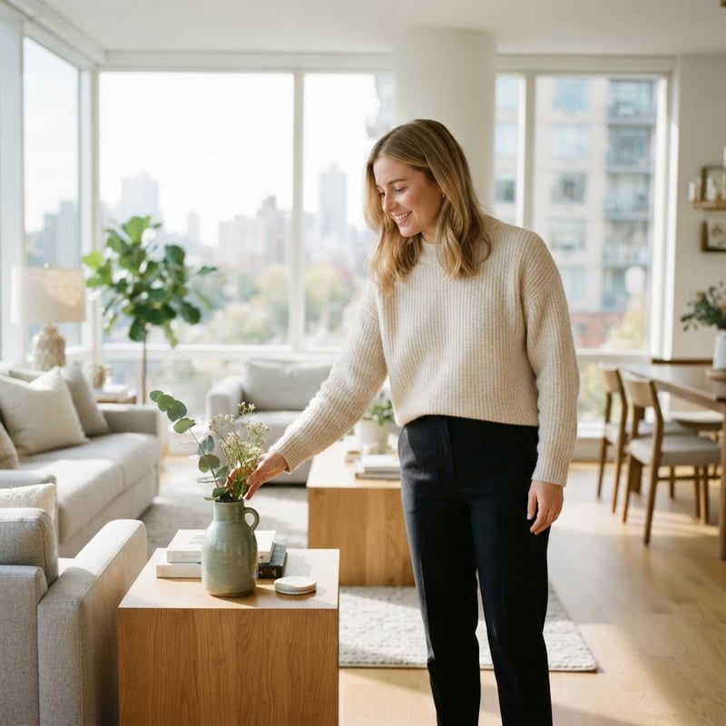 A young professional standing in a bright sunlit apartment