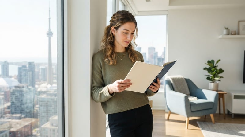 Young professional reviewing documents in a bright modern condo