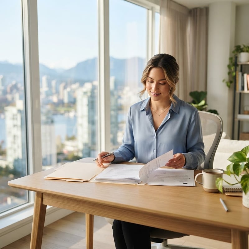 Young professional organizing rental application documents at home