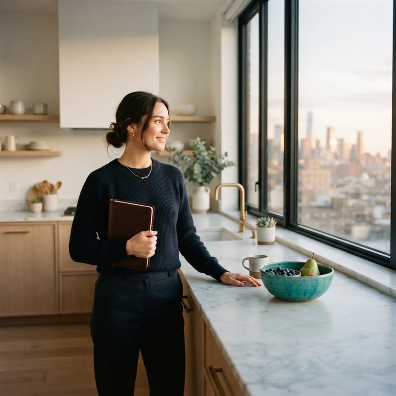 A young professional standing in a bright modern kitchen