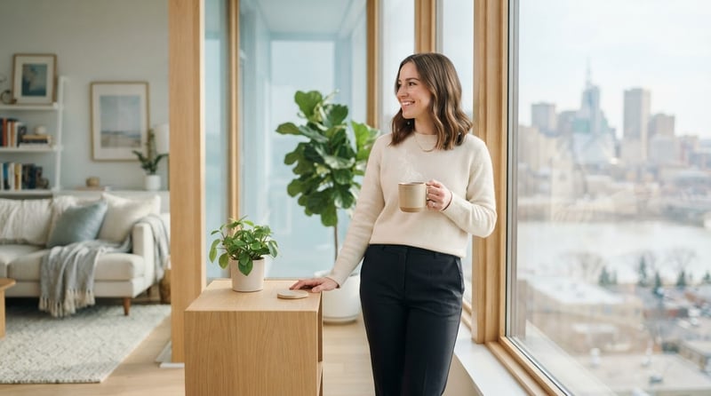 A young professional relaxing in a bright Winnipeg apartment